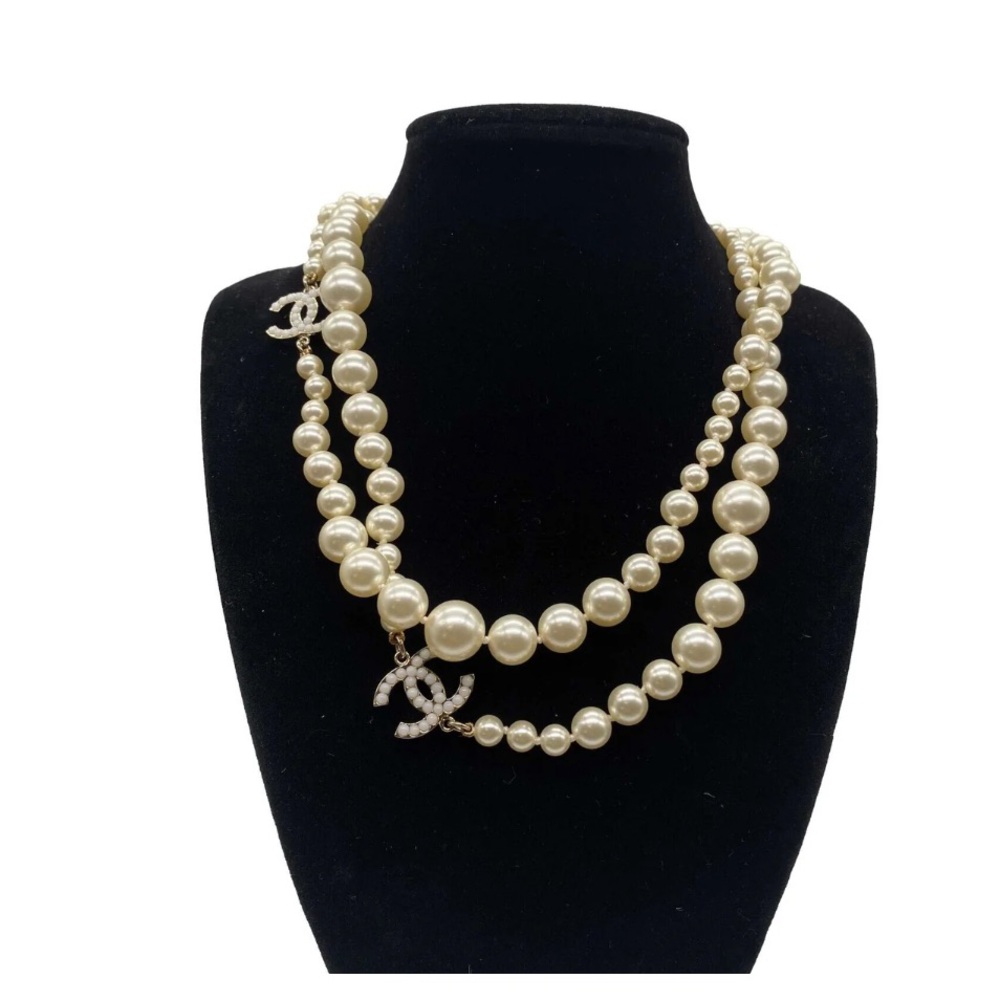 CHANEL Graduated Pearl Crystal CC Long Necklace Gold
